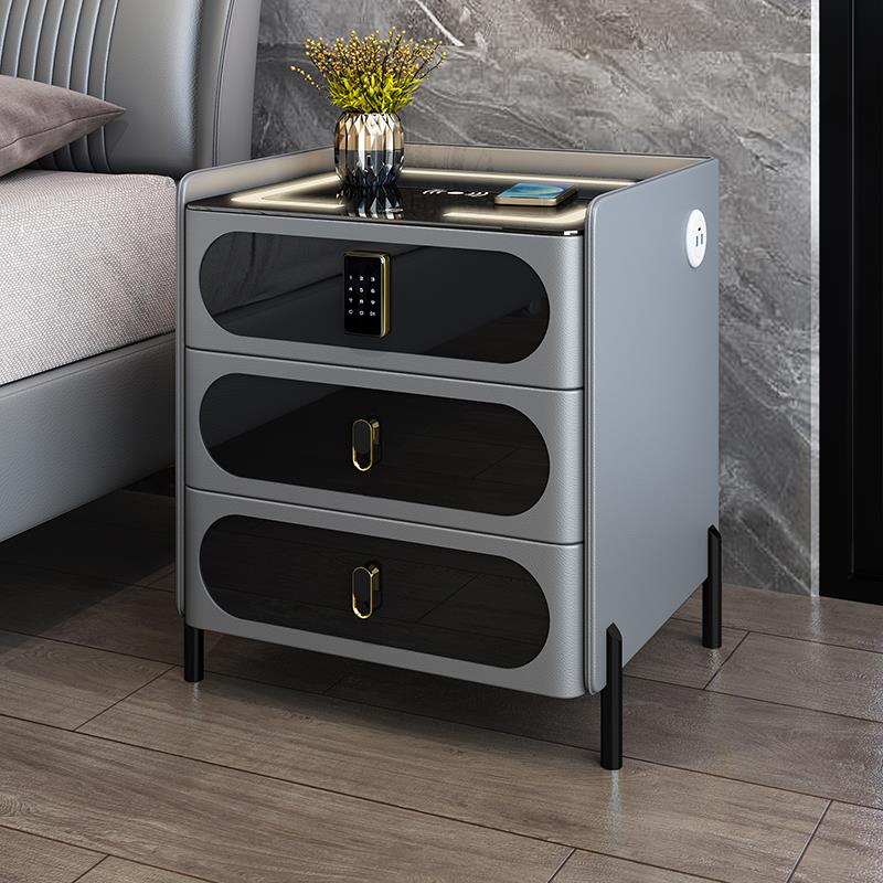 韵美达意式智能床头柜轻奢皮艺简约现代三抽屉网红卧室储物柜加高三斗柜