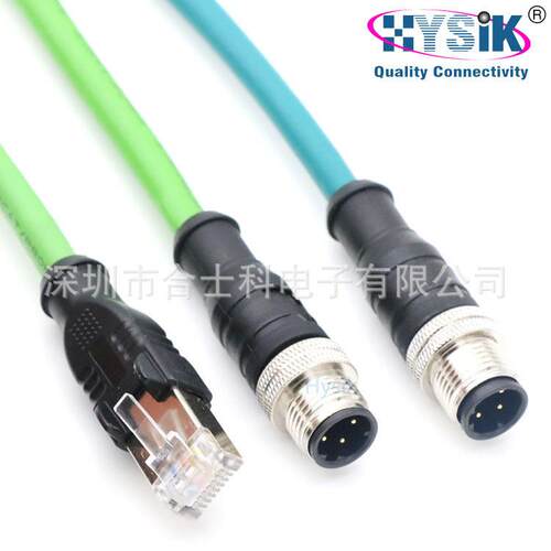 超5类绿色网线M12转RJ45水晶头工业连接线4针D型直公头
