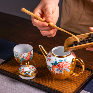 真黄金功夫茶具茶壶主人杯肖建辉手绘釉下彩家用环保旅行高档礼品