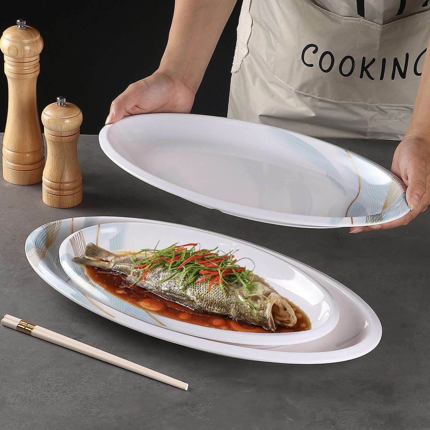 密胺椭圆鱼盘商用彷瓷酒店大号炒菜盘子高档餐厅宴席火锅摆盘专用
