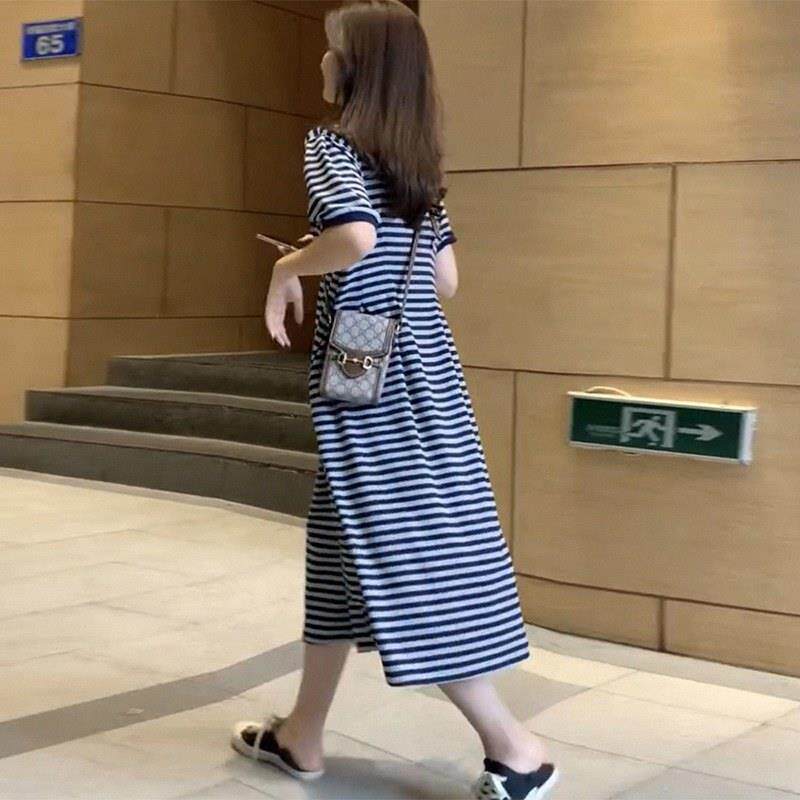 条纹洋装女夏欧货直筒裙纯棉中长裙胖mm大尺码遮肚运动休闲T恤裙