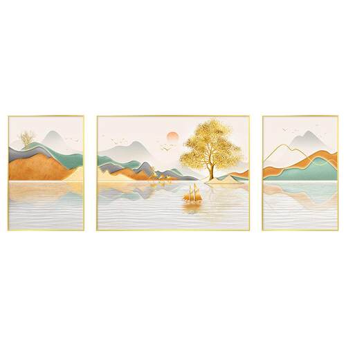 客厅装饰画档大气沙发背景墙挂画现轻奢山水三联画级感壁画