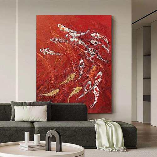 奶油风画中油国红色客厅装饰画九鱼图聚财肌理画al202511玄关锦抽