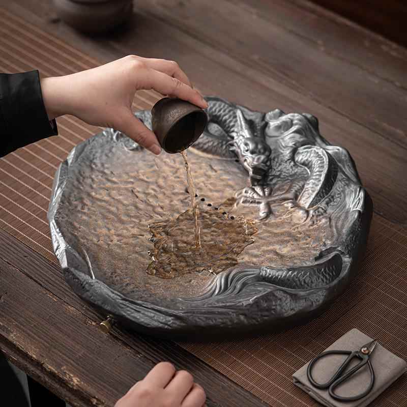 日式陶釉干泡瓷盘茶托盘鎏金铁储水排HSJHS752水古两用复粗陶茶盘