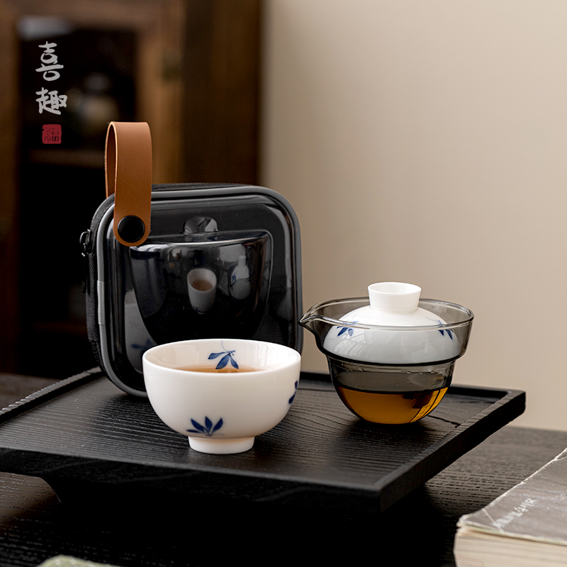 喜趣  手绘兰花快客杯便携式旅行茶具套装一壶一杯个人随身泡茶壶