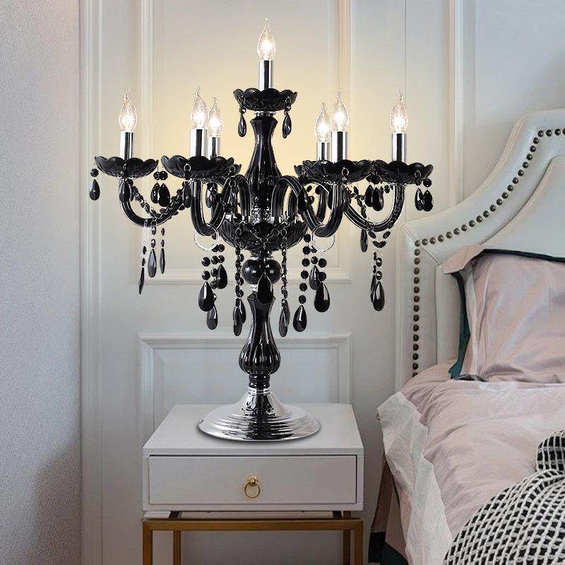 黑色复古客厅餐厅水晶台灯轻奢卧室床头灯法式别墅餐桌LED装饰灯