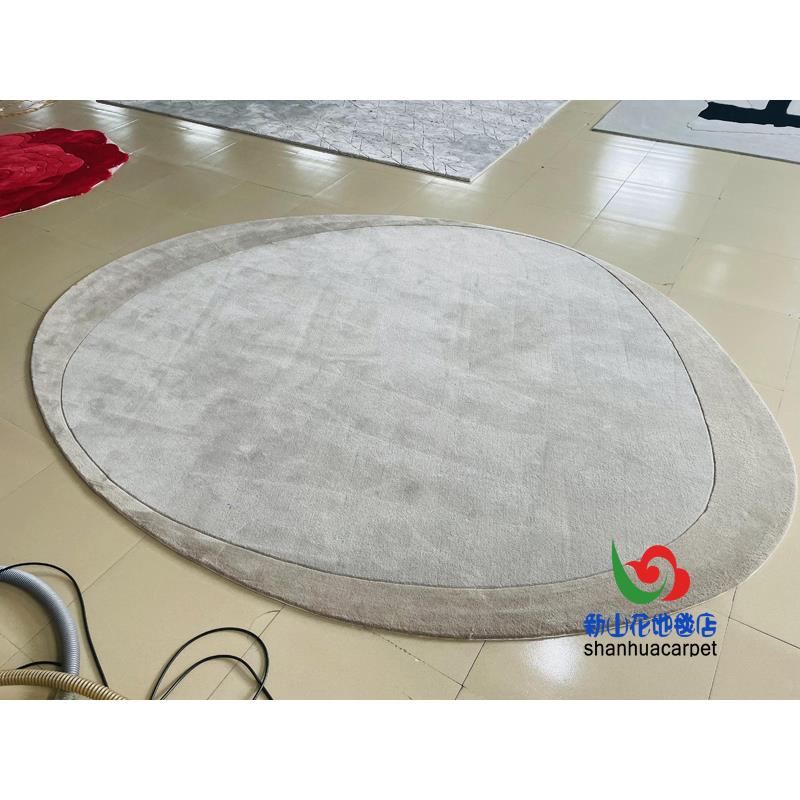 现代简约灰色椭圆形格子中式手工腈纶客厅茶几地毯大厅接待室地毯