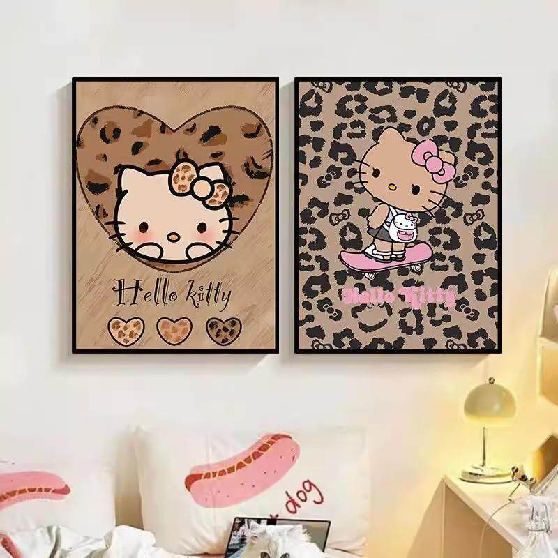 黑皮HelloKitty豹纹凯蒂猫装饰画客厅沙发背景墙挂画卡通卧室摆画