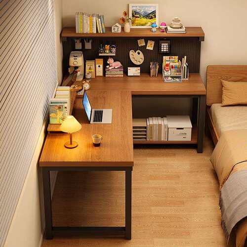 实木转角洞洞板书桌书架一体桌卧室学生家用电脑桌拐角办公l型桌
