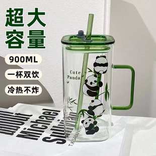 超大容量可爱印花方形水杯卡通情侣吸管杯家用吸管杯玻璃杯 新款