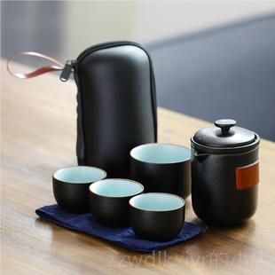 新款 陶瓷快客杯套杯 墨言黑陶旅行功夫茶具便套装 一壶茶四杯小携式