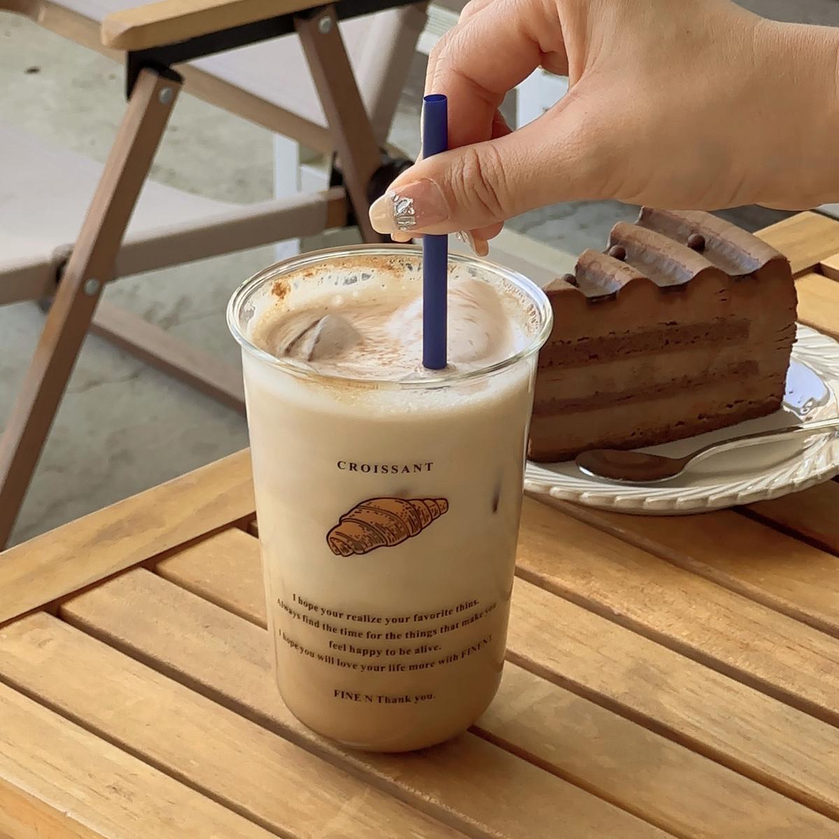 韩国英文字母ins果汁杯牛奶早餐杯牛角包玻璃杯高级感小众咖啡杯