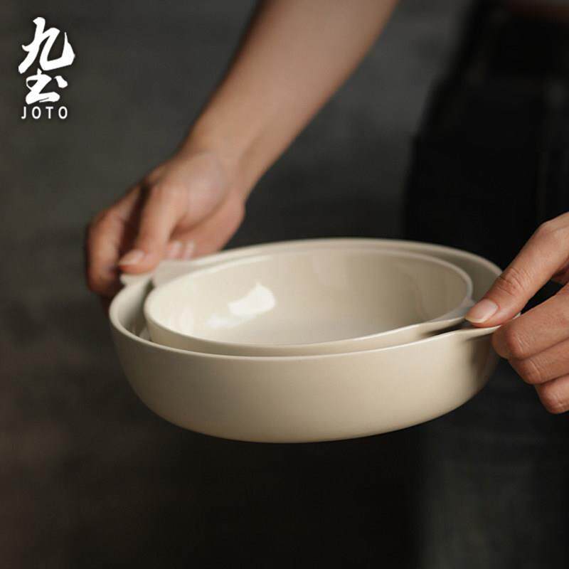 九土手工草木灰瓷泥双耳深盘家用早餐盘水果盘子陶瓷器皿