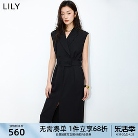 lily2024夏女装(夏女装，)气质通勤款复古双排，扣高腰款西装连衣裙小黑裙