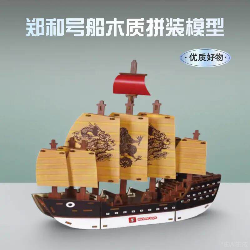 郑和宝船木质模型3D拼图立体帆船材料包郑和号一帆风顺丝绸之路
