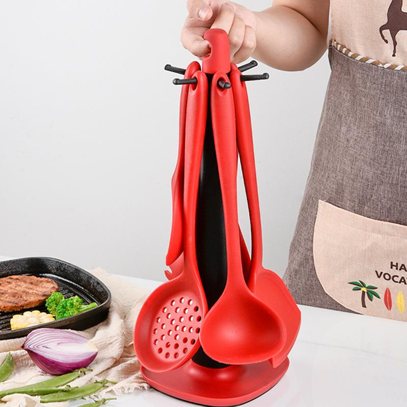 硅胶厨具六件套硅胶锅铲饭勺汤勺意粉勺烹饪厨具套装带架子包邮