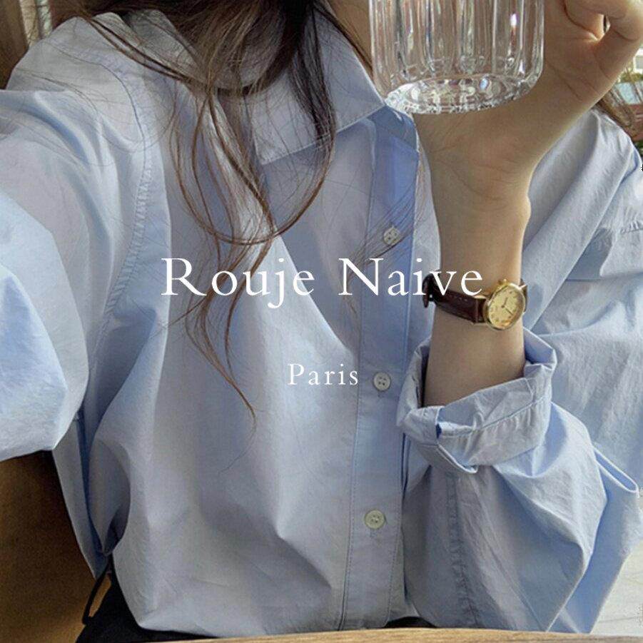 Rouje Naive休闲韩系宽松长袖蓝色衬衫简约小个子内搭早春衬衣女