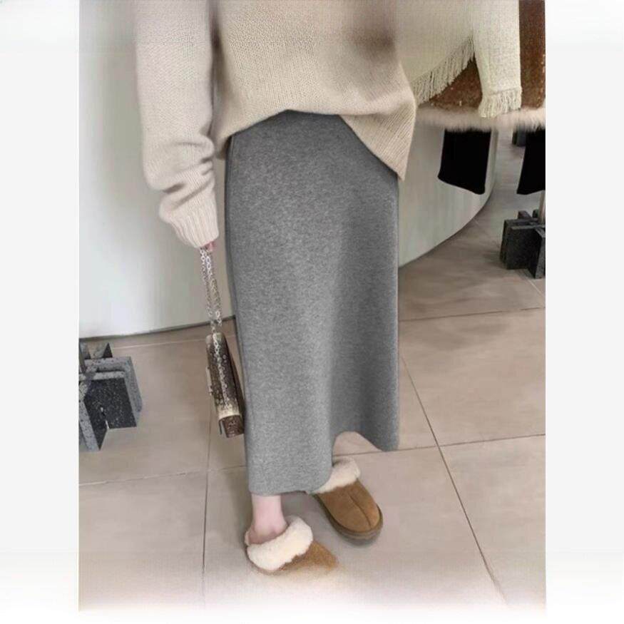Rouje tusse直筒裙子秋冬灰色针织毛呢半身裙女垂感羊绒羊毛半裙