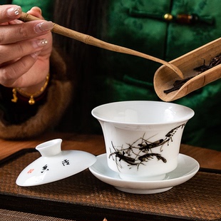 国画虾写意三才盖碗国家级大师刘培竹手绘主人杯陶瓷茶杯家用收藏