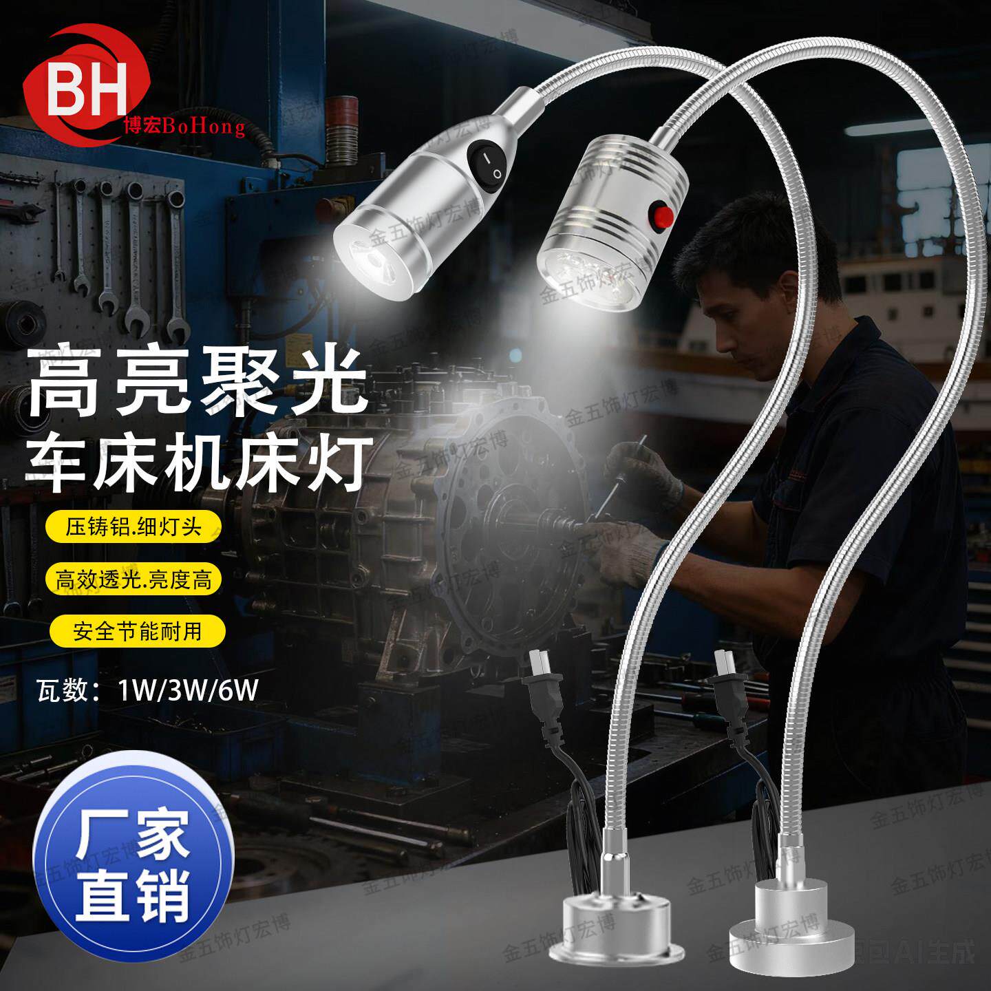 机床led工作灯220V插电磁吸车床灯24V万向软管鹅颈灯工业照明台灯