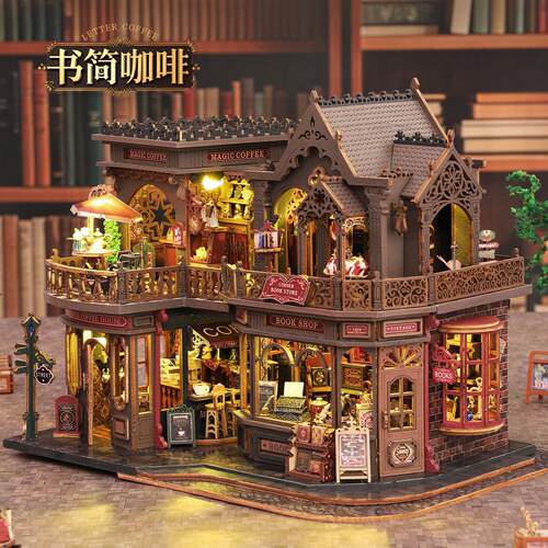 跨境书简咖啡diy小屋建筑模型木质手工拼装潮玩摆件节日新年礼物
