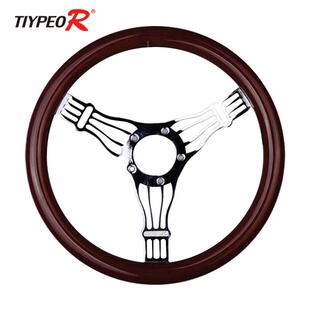 汽车改装 通用实木方向盘14寸长孔桃木老爷车复古方向盘电镀支架