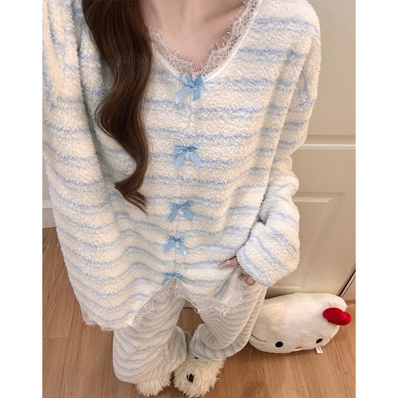 蓝色条纹睡衣女秋冬季加厚半边绒可外穿甜美少女珊瑚绒家居服套装