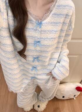 蓝色条纹睡衣女秋冬季加厚半边绒可外穿甜美少女珊瑚绒家居服套装