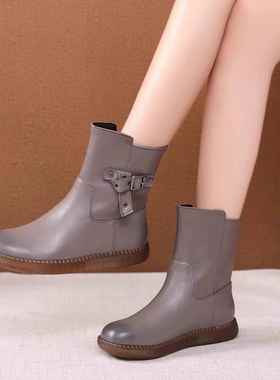 新款2真皮平底鞋短靴女024新款秋冬季闲孕妇软皮软底女休妈妈加绒