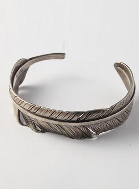 高档偶屿錾原创民族风手工刻纯毛银羽开口复古手镯众设计鹰羽手小