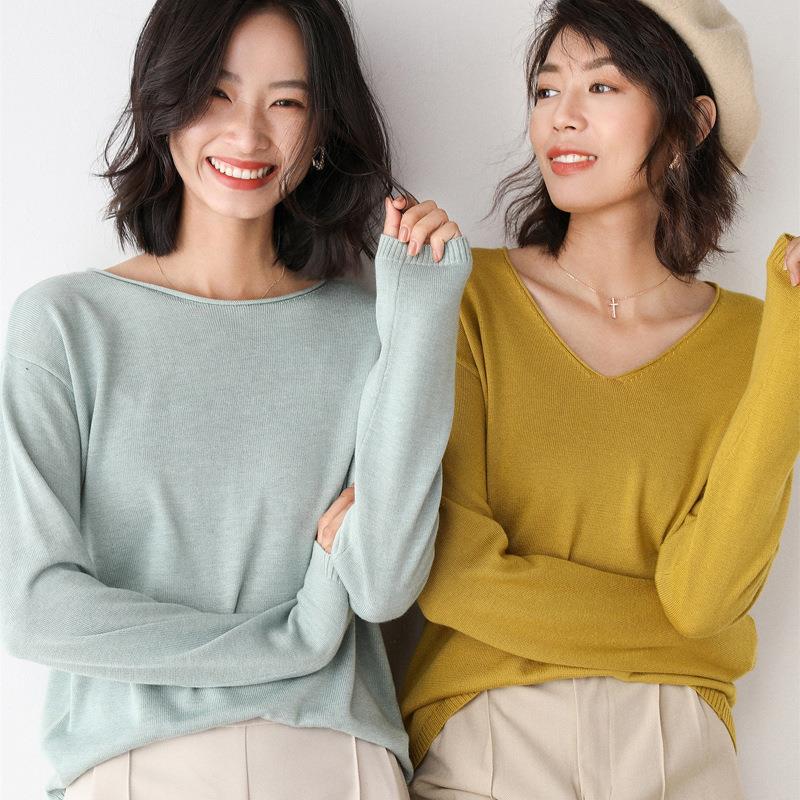 2023春秋新款针织衫女圆领韩版宽松内搭毛衣女百搭打底衫修身