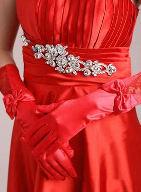 法式缎面婚纱手套复古蕾丝手工缝珠优雅新娘结婚晚宴礼服拍照配饰