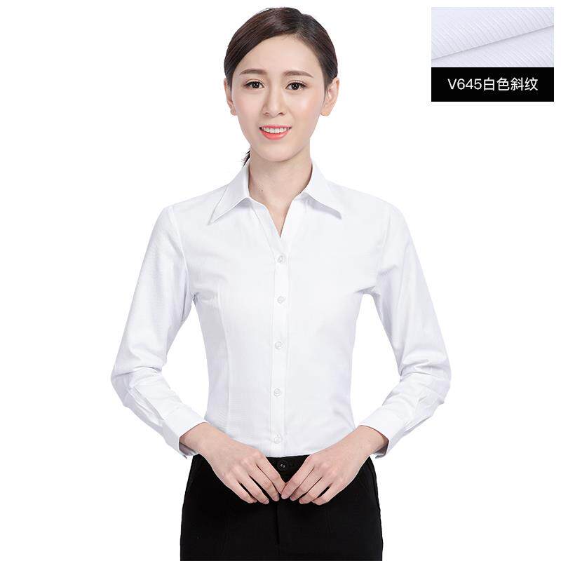 高档银职业衬衫女士长白工底蓝色细条纹行工装V领大码作服衬衣袖
