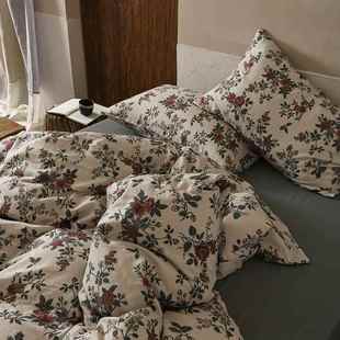 A类全棉双层纱四件套春夏用田园风印花被套床单母婴级可裸睡床品