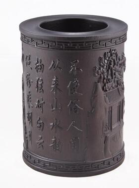 红木雕刻黑檀木浮雕笔筒荷花牡丹马到成功招财麒麟厂家定制