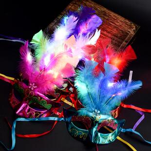 万圣节发光羽毛半脸面具化妆舞会儿童面具女可爱led公主仙女面具