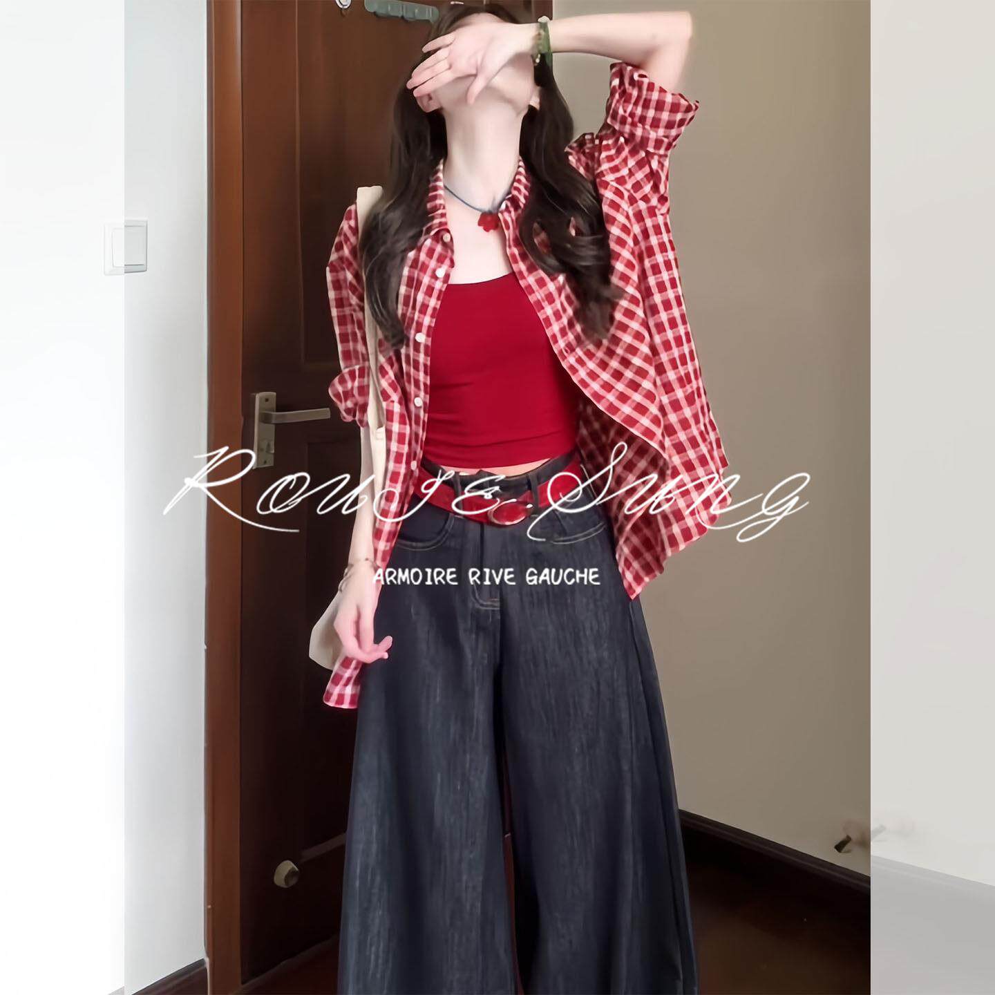 ROUJE SUNG韩系红色格子防晒长袖衬衫女早春季2026新款多巴胺衬衣