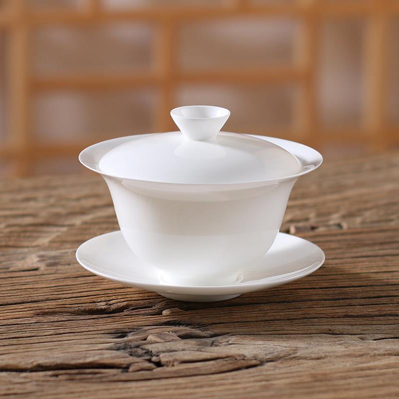 潮州骨瓷大反口三才盖碗薄胎大撇口防烫功夫茶具纯白茶杯泡茶碗