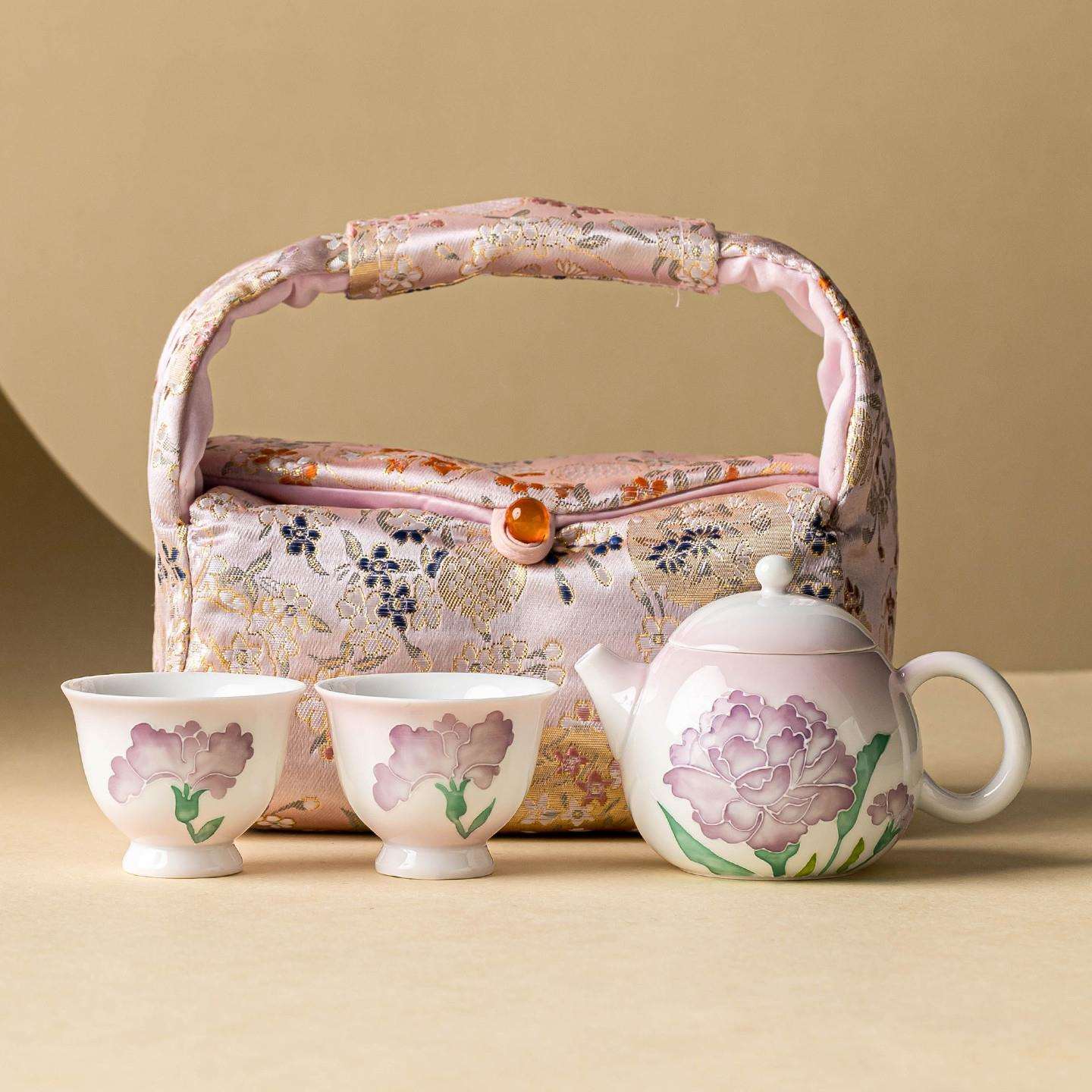 渐变紫陶瓷旅行茶具堆雕康乃馨茶壶茶杯套装户外露营便携泡茶装备