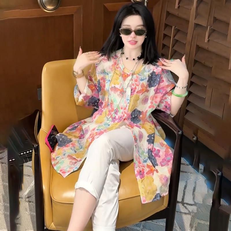 欧洲站气质百搭中长款苎麻防晒衬衫外套女2026年夏季新款宽松上衣