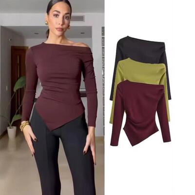 Asymmetric pleated long sleeved T-shirt top for women