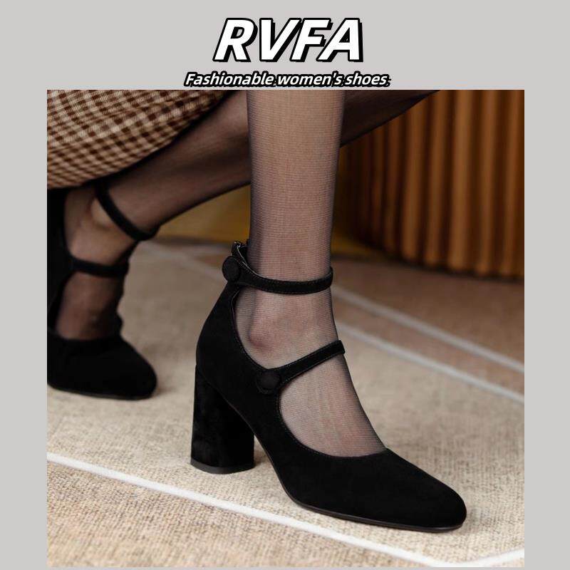 RVFA原创设计2025新款粗跟单鞋女中跟覆古高跟黑色磨砂小皮鞋潮