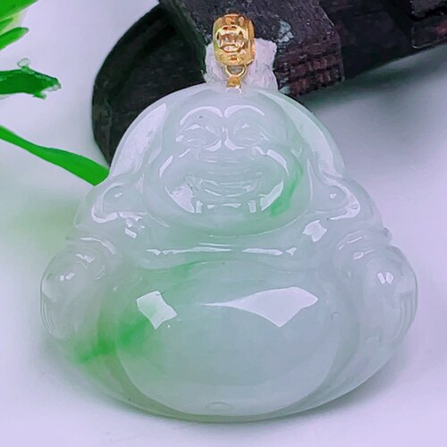 缅甸天然真品翡翠冰种18k金扣头冰种飘绿花闪拍佛公玉石吊坠6.04g