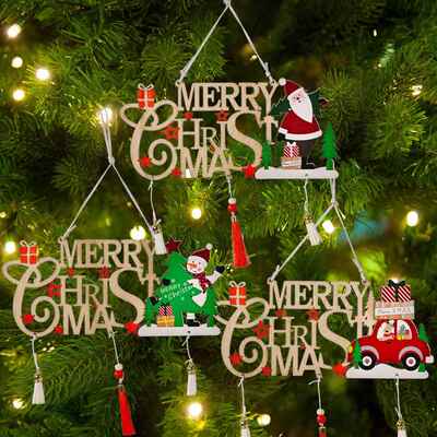 跨境新品圣诞装饰木质镂空流苏字母牌MERRYCHRISTMAS圣诞树挂饰