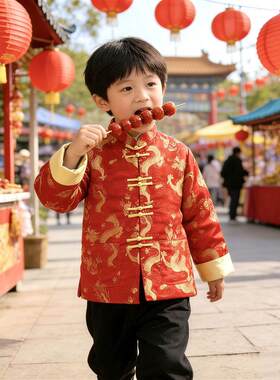 新年儿童服装男童拜年唐装农历新年喜庆加棉外套上衣中国风红上衣