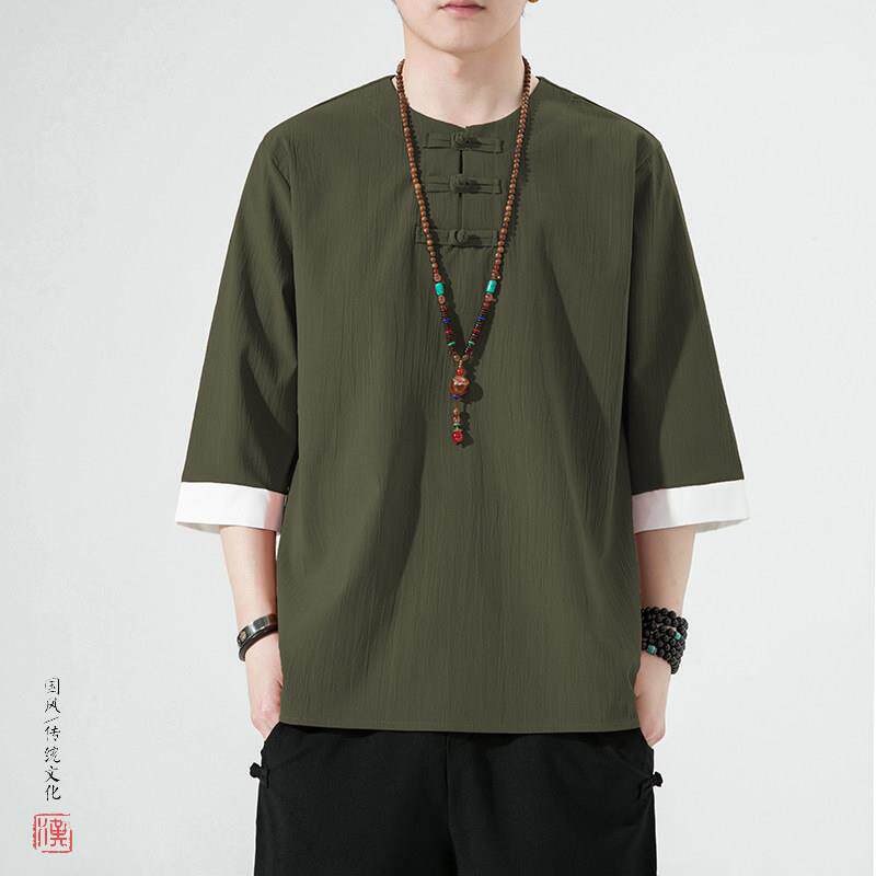 高端唐装男款中式成人汉服中山装夏季半袖T恤居士禅修服茶服打座