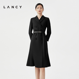 lancy朗姿春季黑色长袖羊毛，裙子中长款职业气质西装连衣裙女