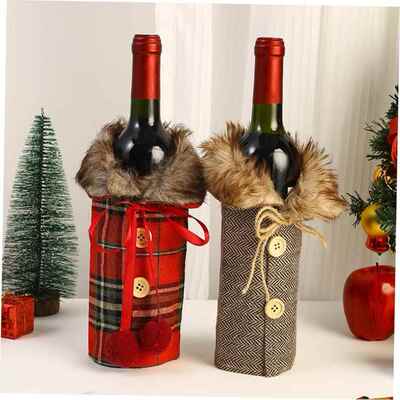 Red wine bottle cover with linen collar christmas decoration