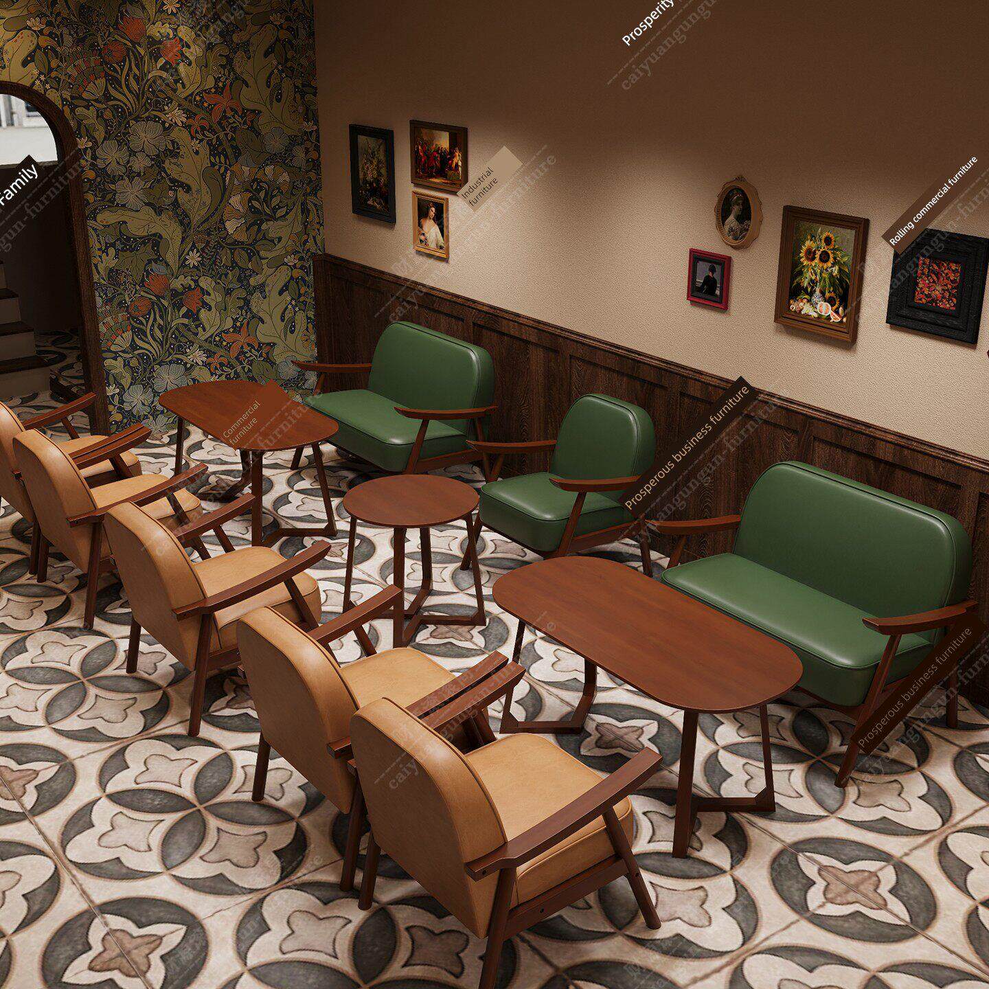 覆古咖啡厅桌椅组合奶茶店甜品店实木圆桌星吧克咖啡同款沙发椅子