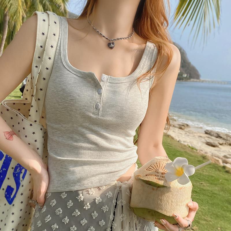 灰色背心女内搭吊带设计感小众夏外穿黑色打底海边氛围感钮扣上衣
